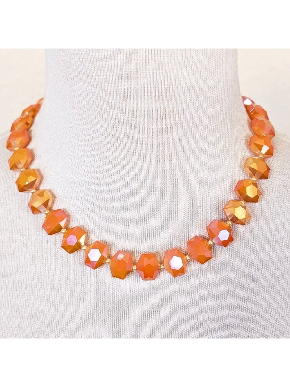Orange Tangerine Iridescent Hexagon Faceted Glass Beaded Choker Necklace